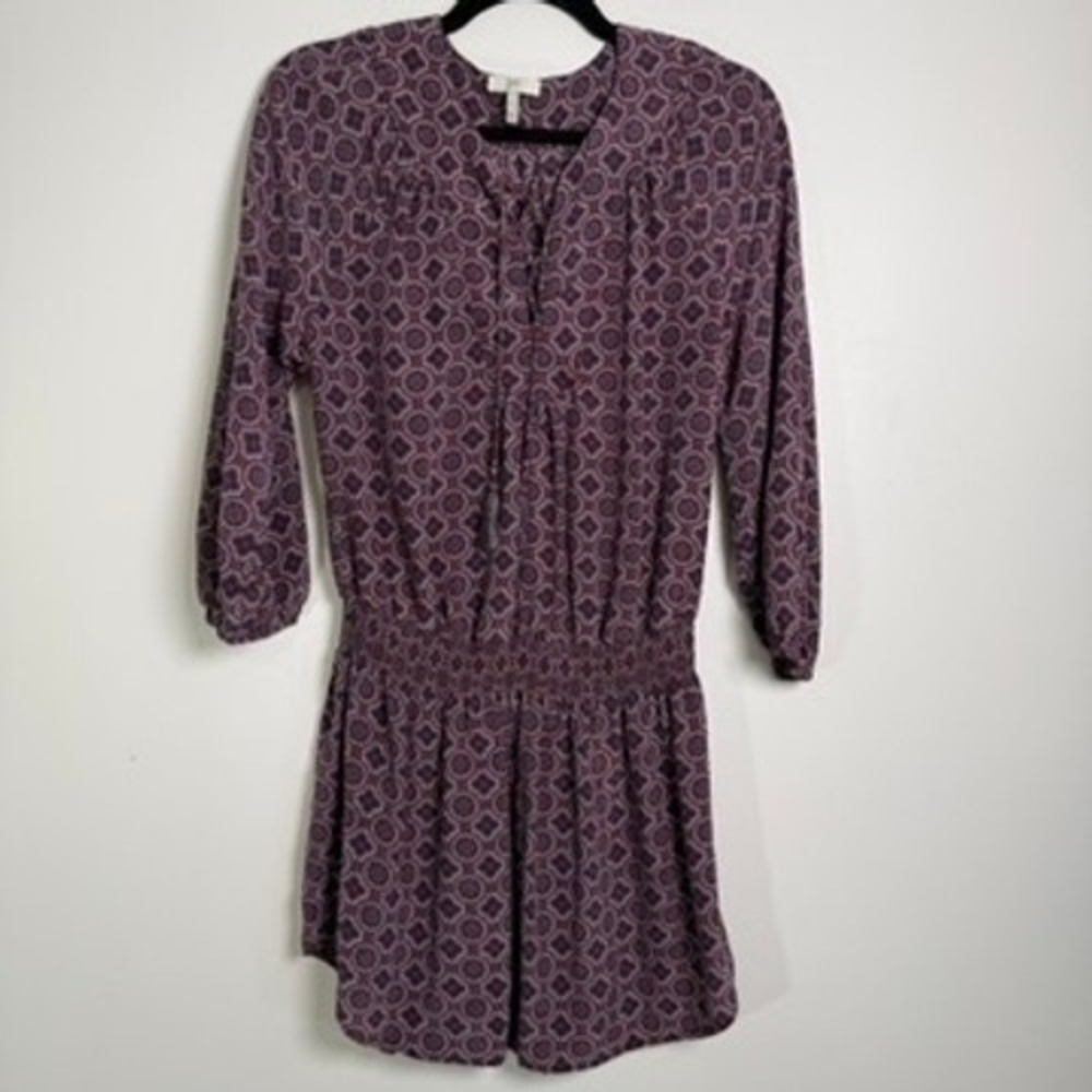 Joie Silk Mini Dress Womens S Purple Medallion Boho Lace Up Tassel Smocked Waist